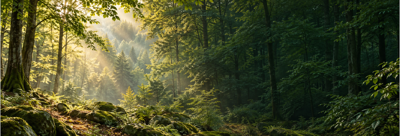 Forêt verdoyante éclairée par une douce lumière naturelle