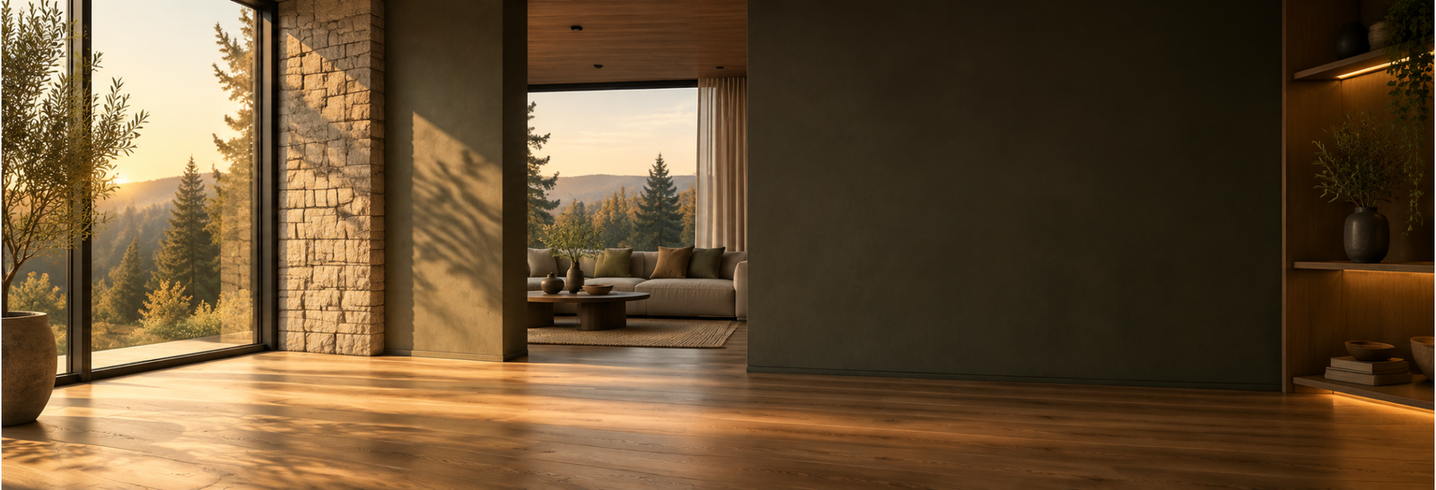 Salon contemporain chaleureux avec vue sur la forêt