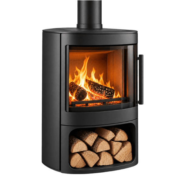 Poêle à bois moderne allumé avec espace range-bûches