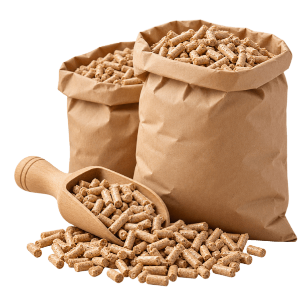 Sacs de granulés de bois avec pellets et pelle en bois