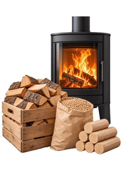 Poêle à bois avec bûches, granulés et bois compressé