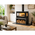 Poêle à bois FM Calgary-S 12,5 kW installé dans un salon avec bûcher intégré