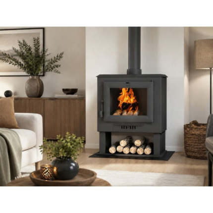 Poêle à bois Chicago 11,2 kW avec bûches dans un salon contemporain