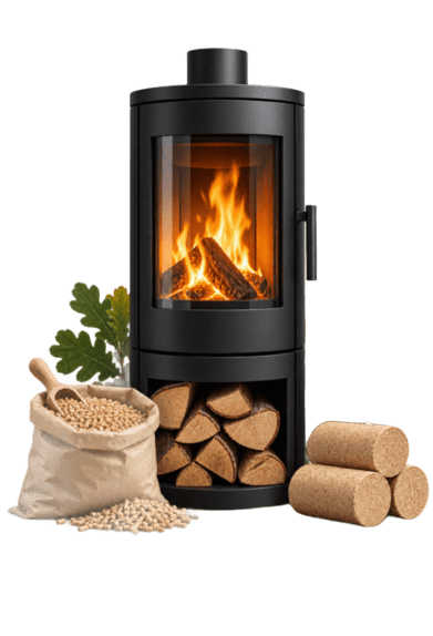 Poêle à bois entouré de bûches, granulés et bois compressé