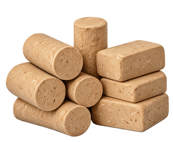 Bûches de bois compressé cylindriques et rectangulaires
