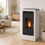 Poêle à granulés FIREMATIC BR12 blanc installé dans un salon