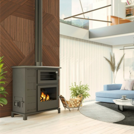 Poêle JOIMA Ecovalle avec four installé dans un salon moderne