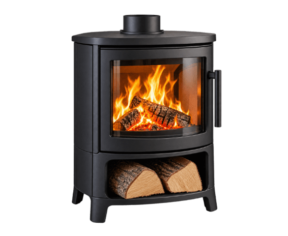 Poêle à bois moderne noir avec feu et range-bûches