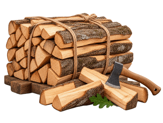 Fagot de bois de chauffage extra sec avec bûches et hachette
