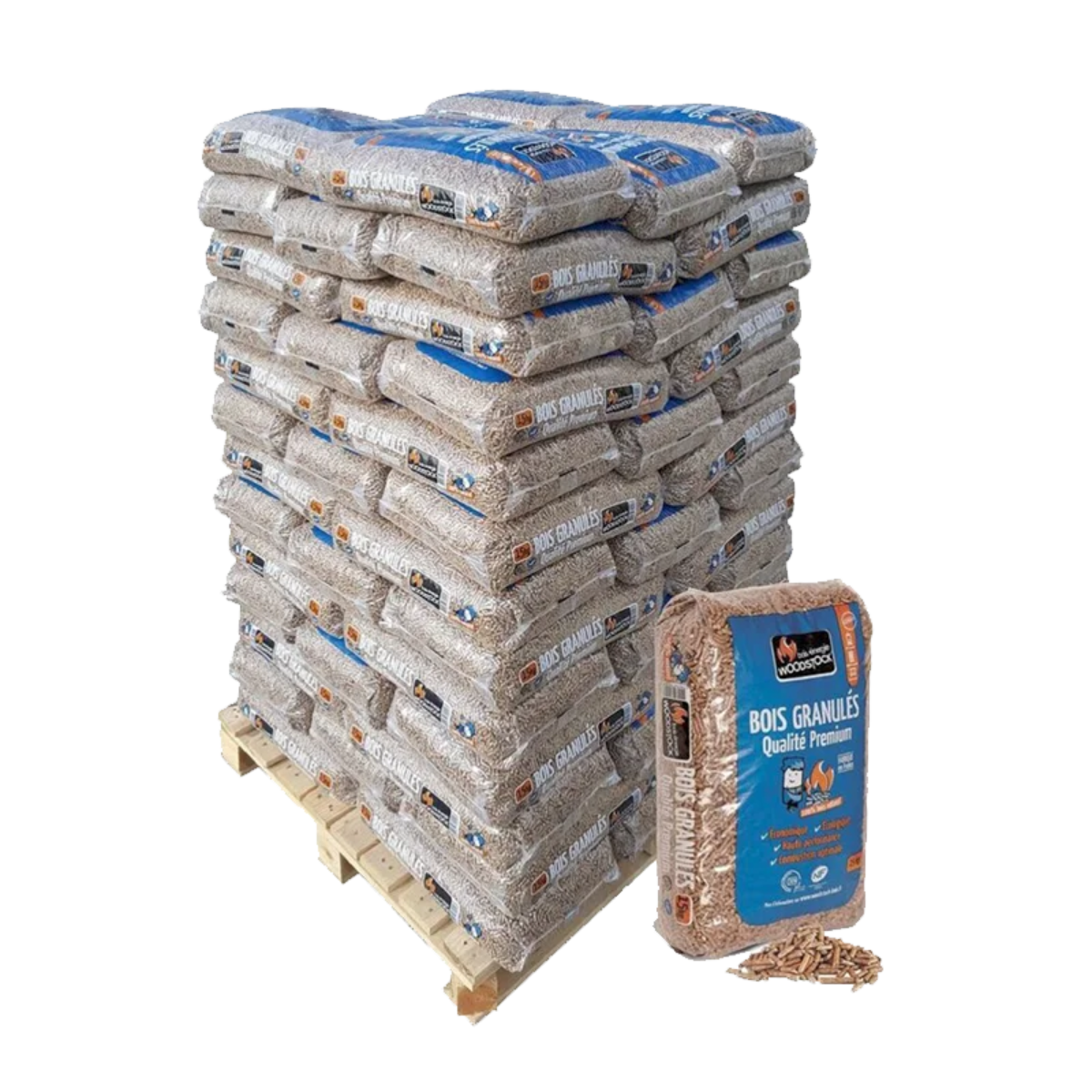 Palette de 78 sacs de granulés de bois Woodstock 15 kg Palette de 78 sacs de granulés de bois Woodstock 15 kg