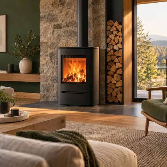 Poêle à bois allumé dans un intérieur chaleureux avec bûches rangées